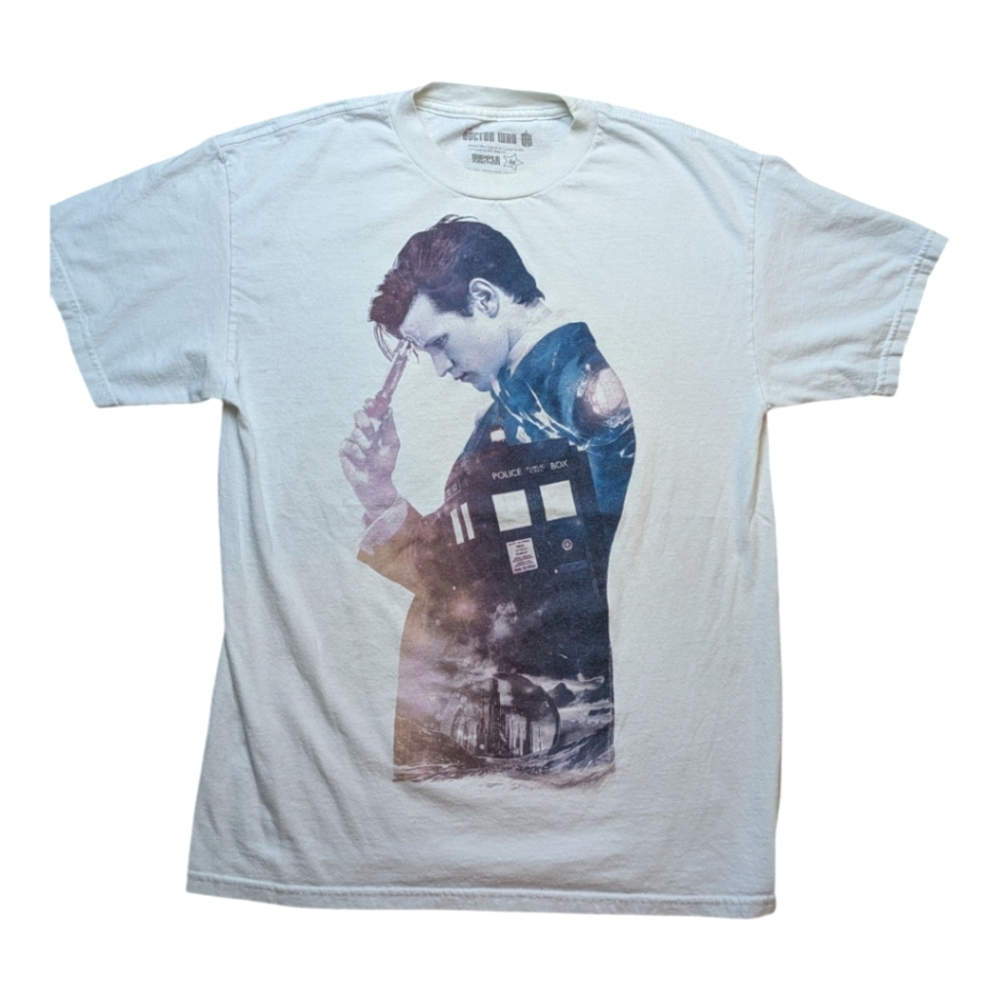 Doctor Who T-shirt White Screened Blue Purple Logo Ripple Junction Men's Medium